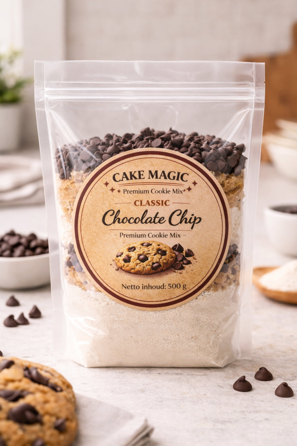 Cake Magic Premium Chocolate Chip Cookie Mix 500 g in transparante verpakking met chocoladechips en bakingrediënten voor het bakken van ambachtelijke chocolate chip cookies.
