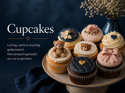 Luxe cupcakes op maat met fondantdecoraties, waaronder een beertje, strik, bloemen, hart en elegante details. Perfect voor verjaardagen, babyshowers, bruiloften, bedrijfsevenementen en andere speciale gelegenheden. Handgemaakt door Cake Magic.
