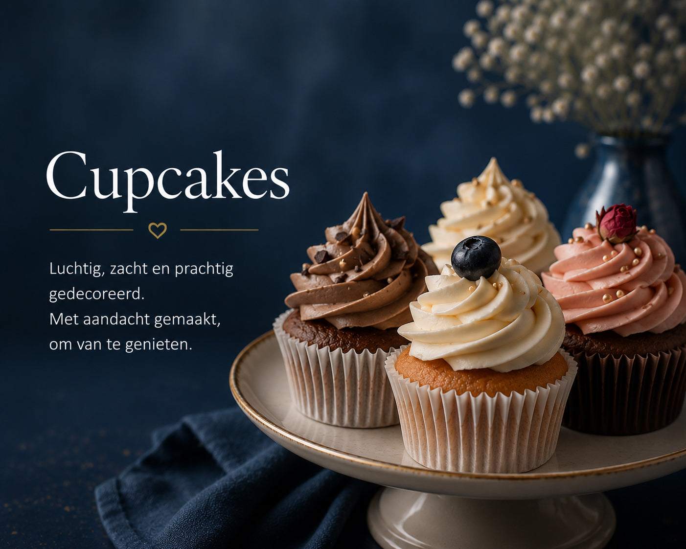 Ambachtelijke cupcakes van Cake Magic met romige botercrème in vanille, chocolade en aardbei, stijlvol gedecoreerd en handgemaakt voor verjaardagen, babyshowers, bruiloften en zakelijke evenementen.