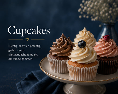 Ambachtelijke cupcakes van Cake Magic met romige botercrème in vanille, chocolade en aardbei, stijlvol gedecoreerd en handgemaakt voor verjaardagen, babyshowers, bruiloften en zakelijke evenementen.