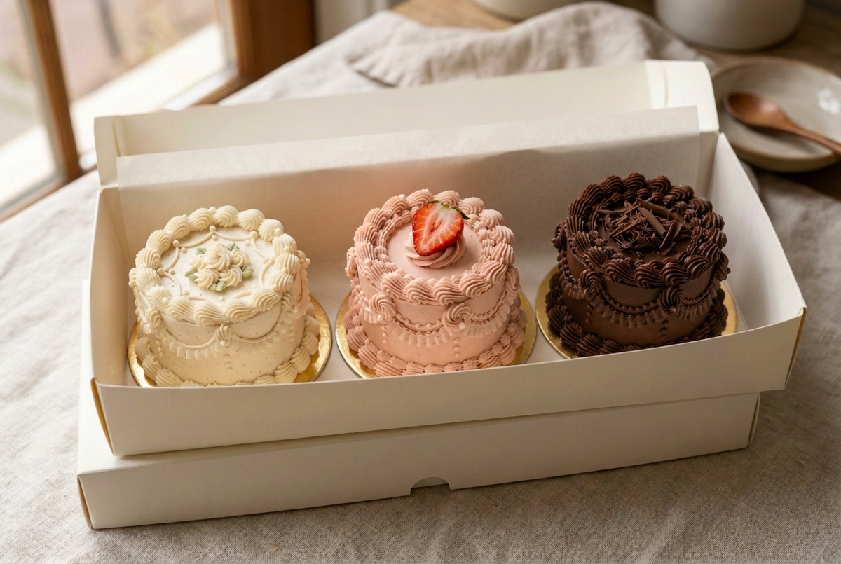 Drie mini-vintagecakes met vanille, aardbei en chocolade
