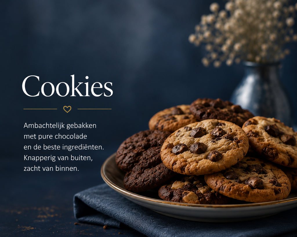 Premium Chocolate Chip Cookies van Cake Magic, handgemaakt met Callebaut chocolade en hoogwaardige ingrediënten. Knapperig van buiten, zacht en smeuïg van binnen.