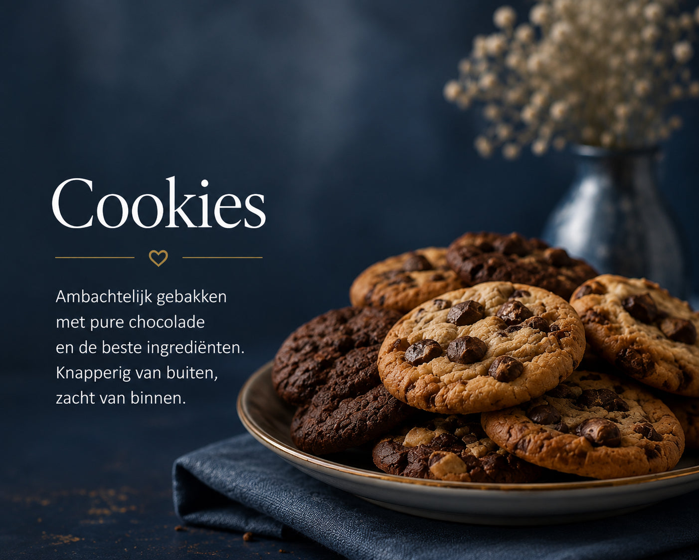 Premium Chocolate Chip Cookies van Cake Magic, handgemaakt met Callebaut chocolade en hoogwaardige ingrediënten. Knapperig van buiten, zacht en smeuïg van binnen.