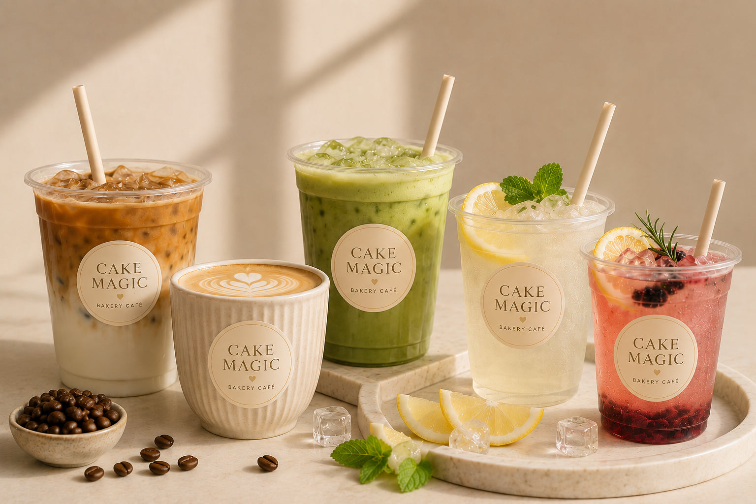 Cake Magic Signature Drinks met specialty coffee, romige matcha en verfrissende huisgemaakte limonades in stijlvolle bekers met beige labels.