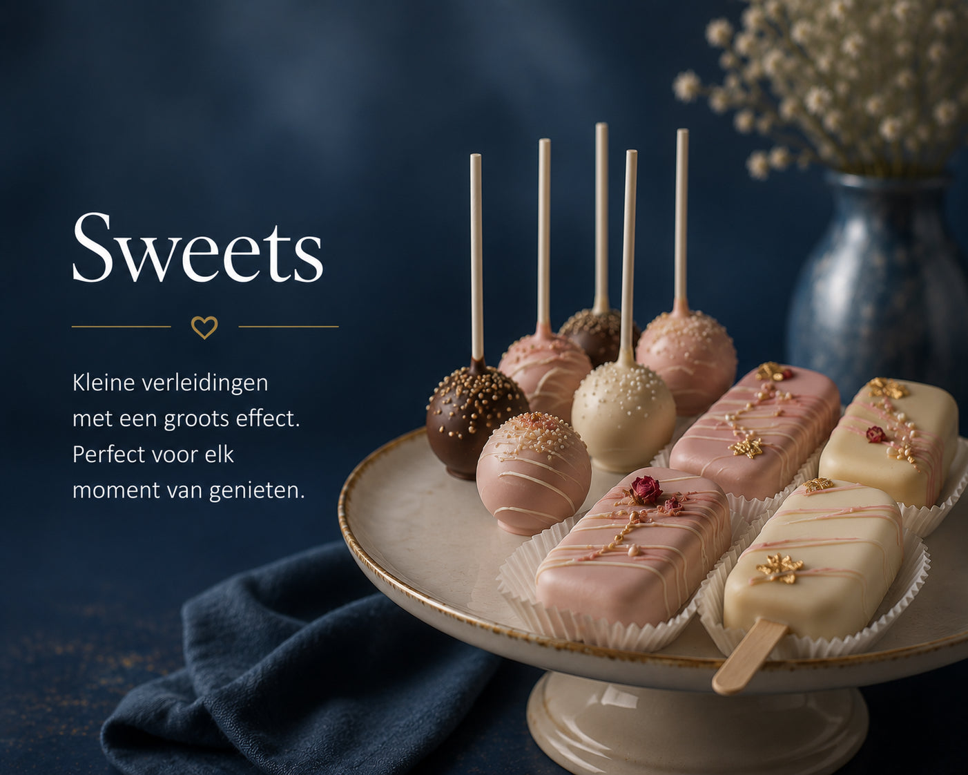 Luxe cake pops en cake popsicles van Cake Magic, met Belgische chocolade, elegante decoratie en handgemaakte afwerking op een stijlvolle serveerschaal