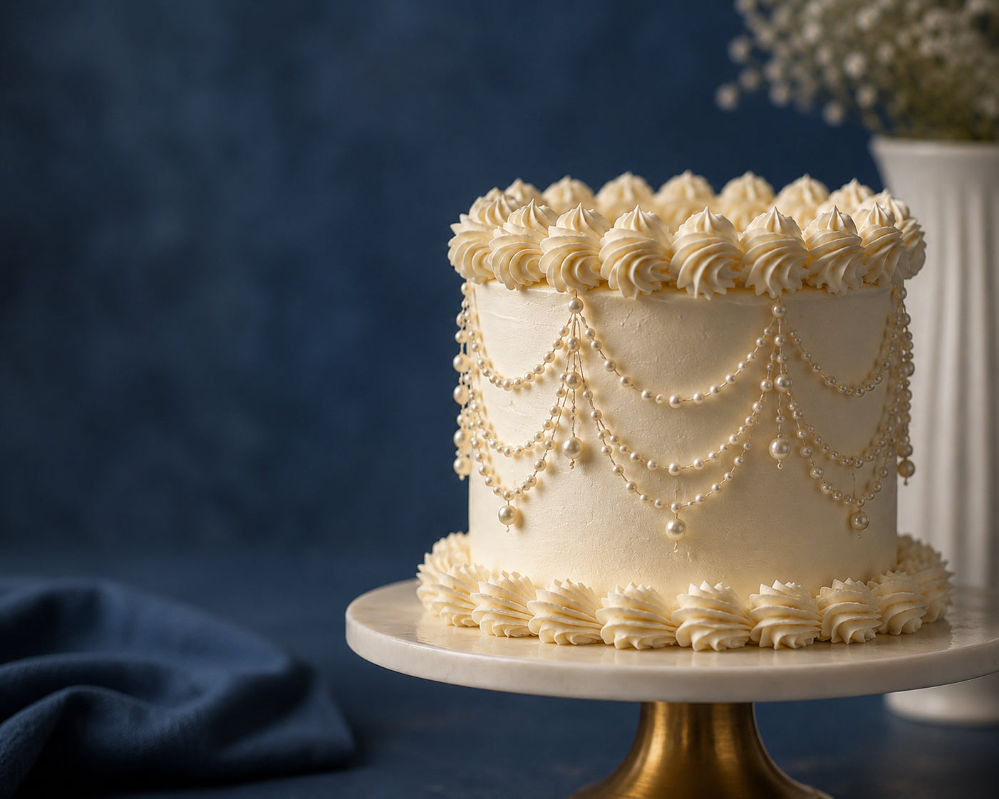 Luxe witte bruidstaart met pareldecoratie, elegante botercrème afwerking en handgespoten toefjes, ambachtelijk gemaakt door Cake Magic.